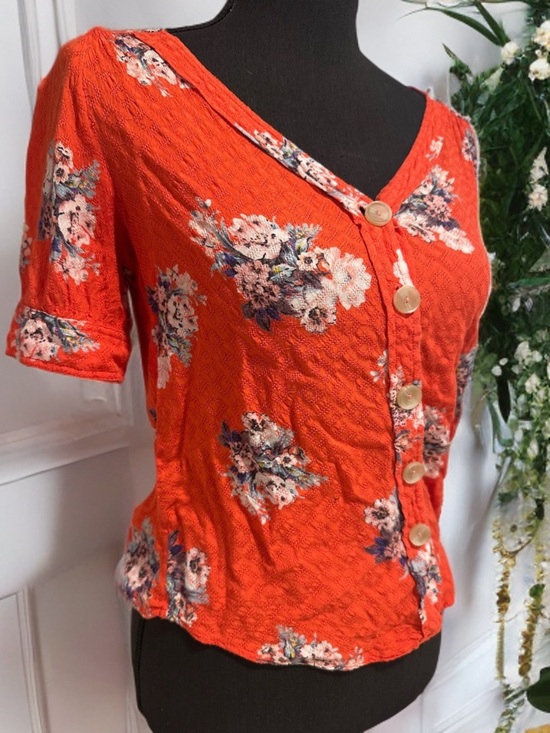 Anthropologie Tops - Anthropologie Maeve Hansley Orange Textured Floral V-Neck Button-Down Blouse GUC